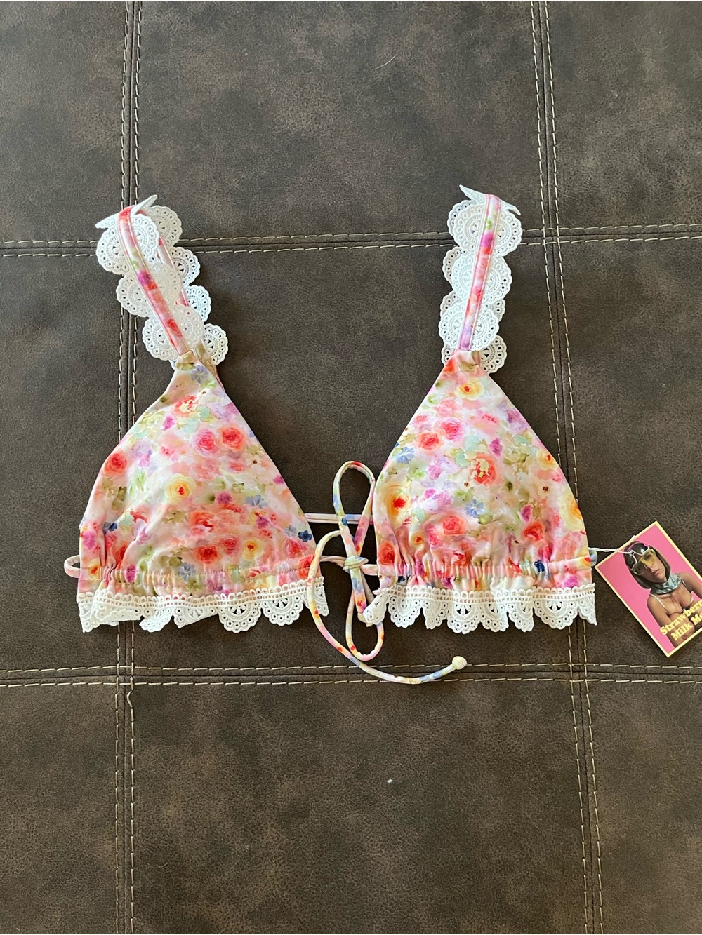 Strawberry Milk Mob Floral Lace Triangle Bralette - Pink Multi